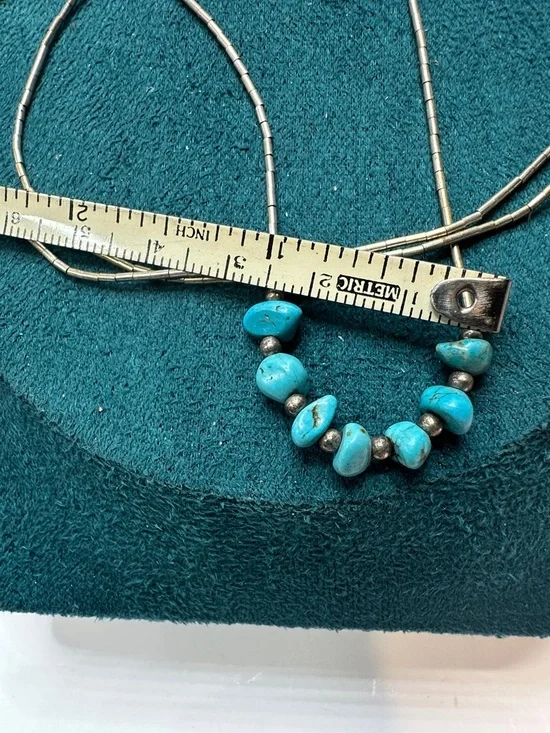 Turquoise Liquid Sterling Silver Necklace Cone Caps Hook Closure 20” - Picture 3 of 6